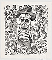 A skeleton holding a bone and leaping over a pile of skulls while people flee, from a broadside entitled 'Las bravisimas calaveras Guatemaltecas', José Guadalupe Posada  Mexican, Zincograph