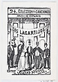 Four men and one woman in fine clothes standing in a line under a banner, illustration for 'Los Lagartijos (The Dandies)', José Guadalupe Posada Mexican, Type-metal engraving