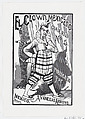 A clown standing with one hand on his hip and an elephant peering out from behind a curtain, illustration for 'El Clown Mexicano (The Mexican Clown)' published by Antonio Vanegas Arroyo, José Guadalupe Posada Mexican, Type-metal engraving