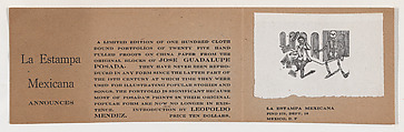 A small cut by Posada of a skeleton frightening a man pasted to an advertisment for a limited edition portfolio of prints by Posada with an introdution by Leopoldo Méndez, José Guadalupe Posada  Mexican, Zincograph and letterpress
