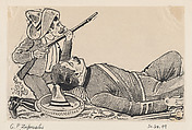 A revolutionary holding a rifle and kneeling to protect a fallen revolutionary, José Guadalupe Posada Mexican, Zincograph
