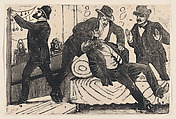 A man stabbing another man in the chest while his associates loot a store, from a broadside entitled 'The theft at La Profesa', José Guadalupe Posada Mexican, Type-metal engraving