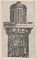The upper portion of Trajan's Column, showing arabesque work on the crowning turret, from "Speculum Romanae Magnificentiae", Monogrammist G.A. with the Caltrop  Italian, Engraving
