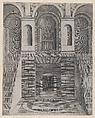 Interior, showing an underground chamber reached by two flights of stairs, one on each side; niches on the landing above, from "Speculum Romanae Magnificentiae", Anonymous, Engraving