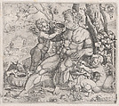 Bacchus, Seated, Drinking from a Vase Presented by a Putto, from "Speculum Romanae Magnificentiae", Anonymous, Etching