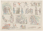 Plate 8, Outlines of Figures, Landscapes and Cattle...for the Use of Learners, Thomas Rowlandson  British, Hand-colored etching