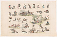 Plate 2, Outlines of Figures, Landscapes and Cattle...for the Use of Learners, Thomas Rowlandson  British, Hand-colored etching