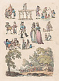 Plate 5, Outlines of Figures, Landscapes and Cattle...for the Use of Learners, Thomas Rowlandson British, Hand-colored etching