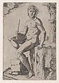 Seated Man Holding a Flute, Marcantonio Raimondi Italian, Engraving