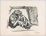 A man (presumably poor) sitting behind a low wall while elegantly dressed figures walk by at right, Pablo Esteban O'Higgins  American, Lithograph