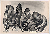 A group of four figures sitting the ground accompanied by a dog, on verso is a trial proof of the same image, Pablo Esteban O'Higgins  American, Lithograph