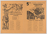 Four hesitant corridos (ballads) printed on the one sheet, two on each side addressing the subject of unwanted American intervention in Mexico; ballad of the persecution of Pancho Villa - Escobedo; ballad of the good neighbour - Chávez Morado; ballad regarding the expropriation of foreign petroleum companies - Zalce; ballad on the eclipse of the peso - Chávez Morado, José Chávez Morado (Mexican, 1909–2002), Linocut and letterpress on orange paper