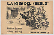 Poster entitled 'The joke of the nation: the return of the grey automobile' showing named figures representing swindlers speeding away in a car, Pablo Esteban O'Higgins  American, Lithograph on buff paper backed with linen