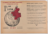 Poster dated 1 May 1939 in support of the fallen leaders and workers of the world, along with a manifesto listing complaints and in support of the proletariat, Alfredo Zalce  Mexican, Linocut and letterpress on buff paper backed with linen