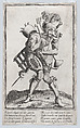 A caricature figure representing a cook loaded with various implements and a knife in his mouth, Anonymous, Italian, 17th century Italian, Etching and engraving