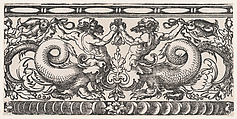 Symmetric Ornamental Frieze with Two Fighting Hybridic Creatures (Half Satyr, Half Dragon) holding Fish, Sebald Beham  German, Woodcut