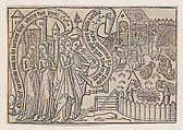 The Bridegroom Showing the Bride His Land, from a Canticum Canticorum blockbook, 1st edition, Anonymous, Netherlandish, 15th century Netherlandish, Woodcut with touches of red gouache; verso with letterpress text with touches of red gouache
