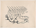 A woman lying the ground holding a child, above a line of Nazi (Fascist) soldiers wearing gas masks and carrying bayonets, Alfredo Zalce  Mexican, Lithograph