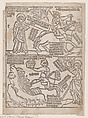 A Rider on a Black Horse with a Pair of Balances in His Hand; and A Pale Horse with Death as Its Rider, from an Apocalypse blockbook, 2nd edition, Anonymous, Netherlandish, 15th century Netherlandish, Woodcut printed in dark brown ink