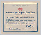 Membership card for public eating places, United States Food Administration American, Commercial color lithograph
