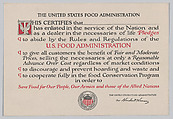 The United States Food Administration certificate, United States Food Administration, Commercial color lithograph