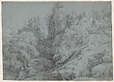 A wooded and rocky landscape, Raphael Lamar West British, Black and white chalk on blue paper