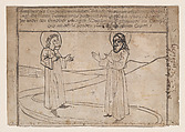 Elias and Enoch Descend from Heaven, from a "Quindecim signa extremi judicii diem praecedentia" (Antichrist and the Fifteen Signs) blockbook, first edition, Anonymous, German, 15th century German, Woodcut printed in brown; retouched by hand in dark brown ink