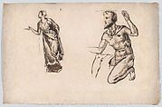 Two Figure Studies: A Woman Standing and a Bearded Man Kneeling, Eugène Delacroix  French, Pen and brown ink, brush and brown wash