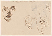 Portrait of a Woman with Eyes Lowered; Two Sketches of Lions, Eugène Delacroix  French, Pen and iron gall ink