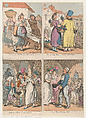 Four Scenes from "Cries of London" Series: Here's your Potatoes...; Buy my Moss Roses...; Light your Honor; Pray Remember the Blind, Thomas Rowlandson British, Hand-colored etching