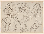 Two Studies of a Reclining Male Nude, after Gericault (recto); Figure Studies after Rubens's “Fall of the Damned” (verso), Eugène Delacroix (French, Charenton-Saint-Maurice 1798–1863 Paris), Graphite, pen and brown ink (recto); pen and brush and brown ink (verso)