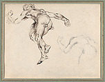 Two Studies of a Reclining Male Nude, after Gericault (recto); Figure Studies after Rubens's “Fall of the Damned” (verso), Eugène Delacroix (French, Charenton-Saint-Maurice 1798–1863 Paris), Graphite, pen and brown ink (recto); pen and brush and brown ink (verso)