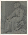 A Woman Seated Near a Basket on a Stool, Cornelis Bega Dutch, Black chalk, heightened with white chalk, on blue paper; framing line in pen and brown ink, probably by a later hand