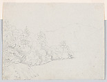 A House near a Grotto and a Roadside Chapel at Lake Nemi, with a View of Genzano from the North; verso: Sketch of Trees on the Border of a Lake, with Mountains in the Background, Johann Martin von Rohden (German, Kassel 1778–1868 Rome), Graphite, pen and black ink
