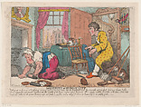 The Miseries of Human Life: Getting Up Early in a Cold Gloomy Morning...Before an Empty Grate, Thomas Rowlandson  British, Hand-colored etching