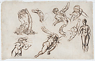 Eight Studies of Nude Figures (recto); Figure Studies from the Antique and a Caricature (verso), Eugène Delacroix (French, Charenton-Saint-Maurice 1798–1863 Paris), Pen and iron gall ink