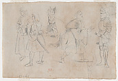 Figures in Medieval Dress including a Bishop (recto); Figures in a Landscape (verso), Eugène Delacroix (French, Charenton-Saint-Maurice 1798–1863 Paris), Graphite (recto); brush and brown and blue wash over graphite (verso)