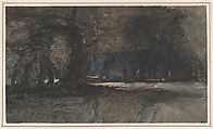 A woodland scene at dusk (recto); A study of trees and foliage (verso), William James Müller (British, Bristol 1812–1845 Bristol), Watercolor and gouache (bodycolor) over graphite, with reductive techniques, stopping out, and gum arabic on blue-gray paper