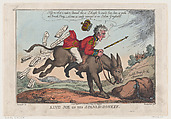 King Joe on his Spanish Donkey, Thomas Rowlandson British, Hand-colored etching