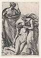 Study supporting the fainting personification of Sculpture; standing next to them, France as a draped woman holding crown and sceptre, Pierre Biard II French, Engraving