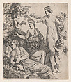 Venus, standing with the three Graces, is offered a flower from a putto, Pierre Biard II French, Engraving