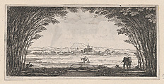 View of a town with man and dog, P. Benoist  French, Engraving