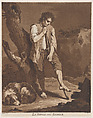 The Shepherds Rest; a young man resting on a stick while his dog lies at his feet, Pietro Jacopo Palmieri (Italian, Bologna 1737–1804 Turin), Etching and aquatint printed in brown