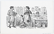 A domestic scene with a mother holding her child's hand while talking to her husband, José Guadalupe Posada Mexican, Zincograph