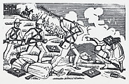 A soldier raising his rifle to hit a woman (The Fifth of May), José Guadalupe Posada  Mexican, Type-metal engraving