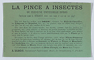 Advertisement for Insect Tongs, M. J. Baudry (Paris), Engraving on green paper