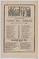 Broadsheet with songs relating to the earthquake that occurred on March 26, 1908, José Guadalupe Posada (Mexican, Aguascalientes 1852–1913 Mexico City), Type-metal engraving and letterpress on tan paper
