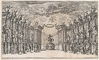 The Triumph of Austria; Leopold I at center, mounted on a reared horse, atop a military trophy; surrounded by equestrian portraits of the Holy Roman Emperors; set design from 'Il Pomo D'Oro', Mathäus Küsel German, Etching