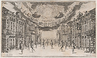 A group of young men dancing as the gods look on from above; set design from 'Il Pomo D'Oro', Mathäus Küsel German, Etching