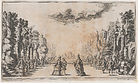 A man and two women conversing at center; young men standing to their right and young women to their left; ships in the distance; set design from 'Il Pomo D'Oro', Mathäus Küsel German, Etching